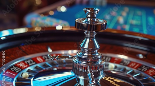 Close-up footage of white ball is spinning in a russian roulette wheel and then gets into a slot at a game table in casino photo