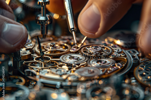 a watchmaker at work, with close-ups of gear systems and tools, illustrating the delicate process of watch assembly.