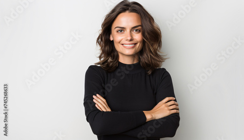 Female senior professional. White background, copy space. Business casual wearing white blouse. Natural look. Product advertising face testimonial. Happy smiling face. Advertising campaign model. photo