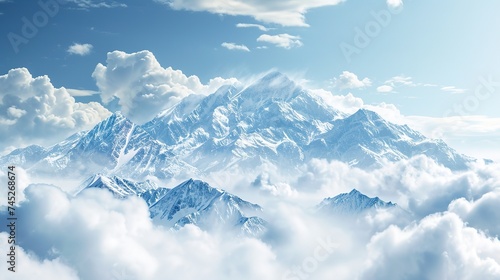Majestic snowy mountain peak above the clouds © LELISAT