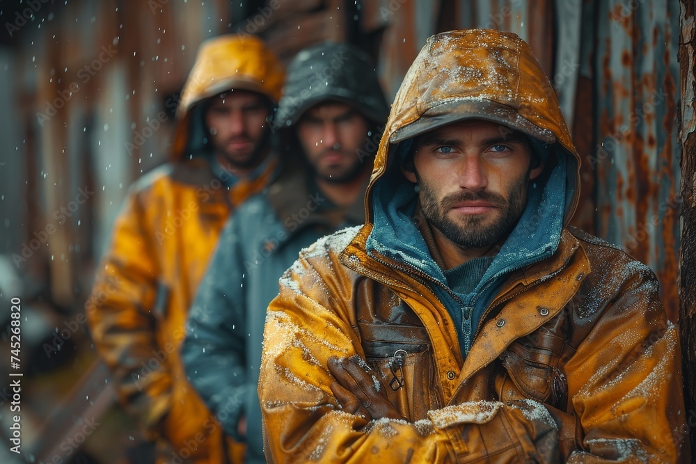Three men clad in yellow raincoats brace themselves against harsh weather, showcasing camaraderie and endurance Three men clad in yellow raincoats brace themselves against harsh weather, showcasing camaraderie and endurance