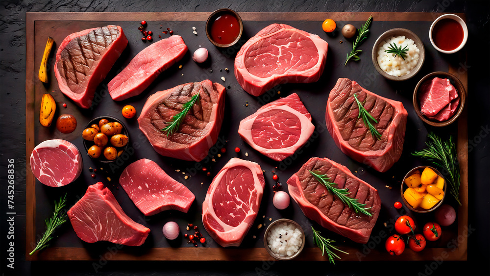 Sumptuous Symphony: A Captivating Culinary Canvas of Prime Beef Steaks and Luscious Raw Cuts on a Rustic, Dark Table Sumptuous Symphony: A Captivating Culinary Canvas of Prime Beef Steaks and Luscious Raw Cuts on a Rustic, Dark Table