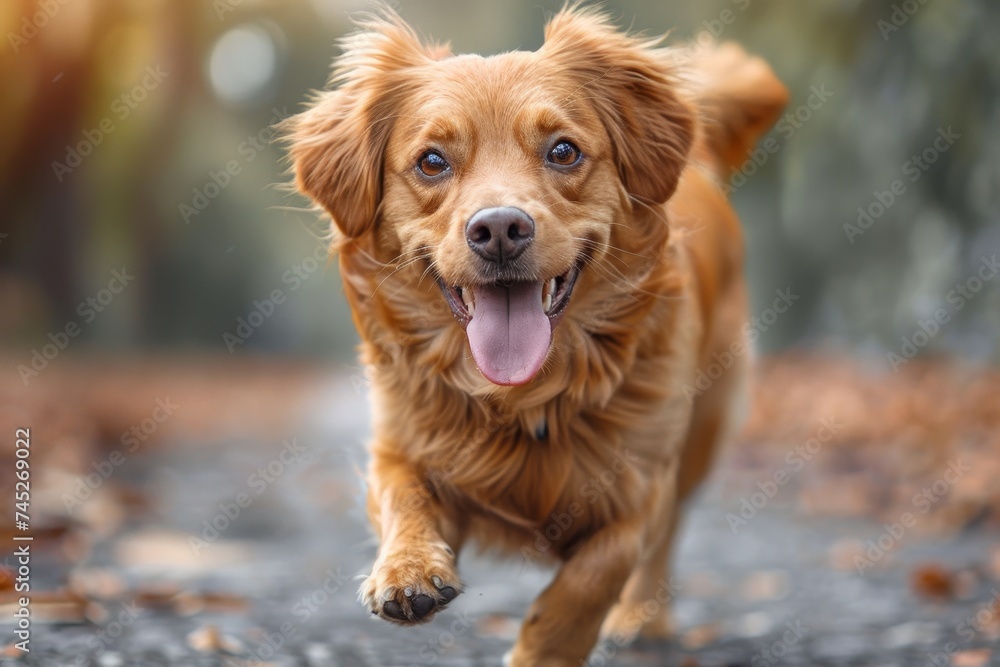 A golden retriever running joyfully outdoors, depicting freedom and happiness in motion A golden retriever running joyfully outdoors, depicting freedom and happiness in motion