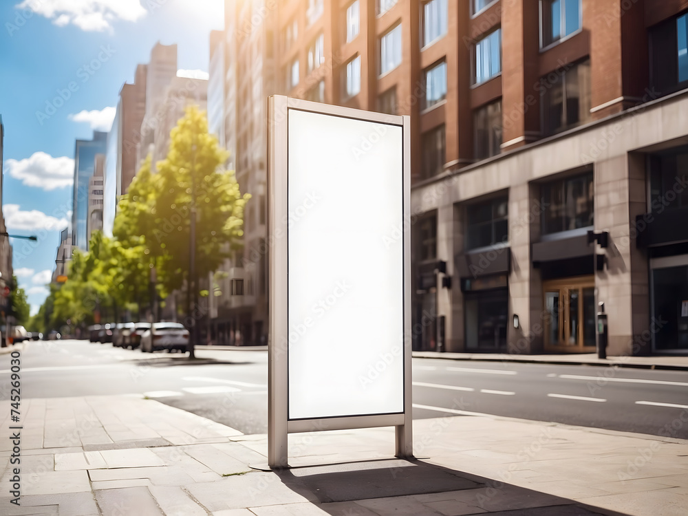 Vertical blank white billboard at a bus stop on a city street design. In the background buildings and road. Mock-up design. Poster on the street next to the roadway design. Sunny summer day design. Vertical blank white billboard at a bus stop on a city street design. In the background buildings and road. Mock-up design. Poster on the street next to the roadway design. Sunny summer day design.