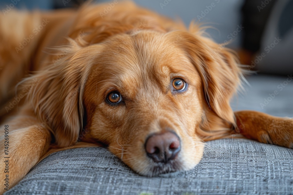 A focused shot of a golden retriever lying on a couch, expressing loyalty and comfort A focused shot of a golden retriever lying on a couch, expressing loyalty and comfort