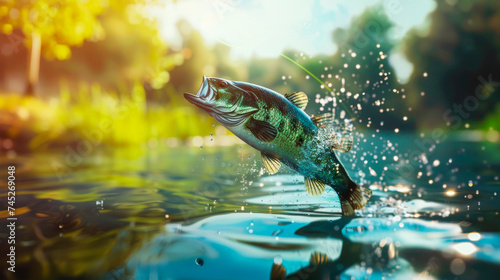 Fishing for bass jumping 
