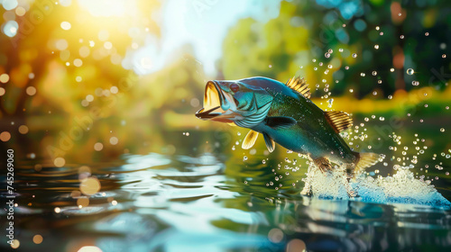Fishing for bass jumping 