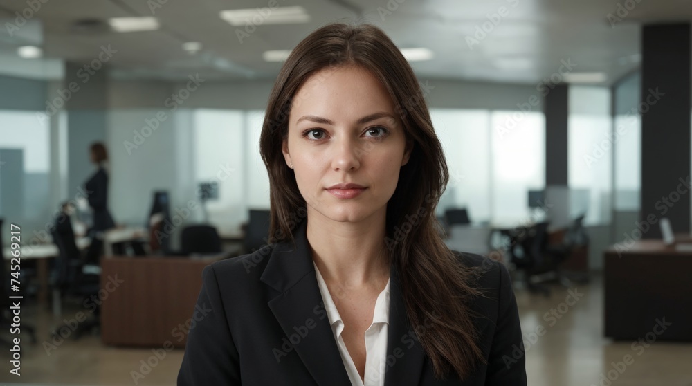 Professional poised woman stands desk well-lighted contemporary workplace Professional poised woman stands desk well-lighted contemporary workplace