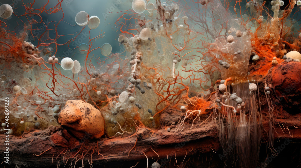 A surreal orange-red microcosm, with orbs and cascading strands evoking a vibrant biological ecosystem, presented in a banner with ample space for exploration. - obrazy, fototapety, plakaty 
