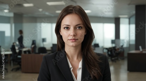 Professional poised woman stands desk well-lighted contemporary workplace 