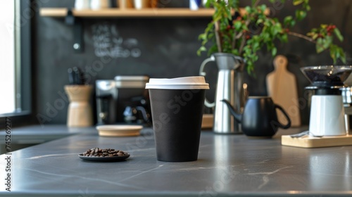 Dark coffee to go cup on wood table, counter top. Blank labeled cup. Coffee, espresso, macchiato, take away. photo