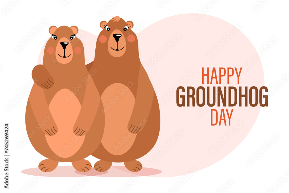 Happy groundhog day, pair of groundhogs in love with hearts. Congratulatory banner, card, poster, vector Happy groundhog day, pair of groundhogs in love with hearts. Congratulatory banner, card, poster, vector