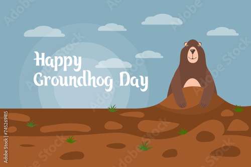Happy groundhog day, funny groundhog character crawls out of the ground. Congratulation banner, postcard, poster, vector