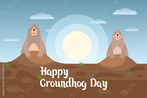 Happy groundhog day, funny groundhog characters crawls out of the ground. Congratulation banner, postcard, poster, vector