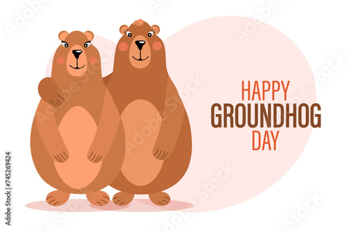 Happy groundhog day, pair of groundhogs in love with hearts. Congratulatory banner, card, poster, vector