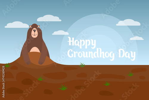 Happy groundhog day, funny groundhog character crawls out of the ground. Congratulation banner, postcard, poster, vector