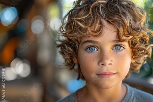 A sharp image highlighting a young boy's curly hair and striking blue eyes in natural daylight