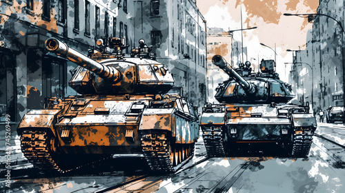 a painting of two tanks in the city