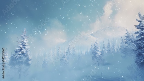 Winter landscape with snow covered trees and mountains. 3D Rendering © Robina