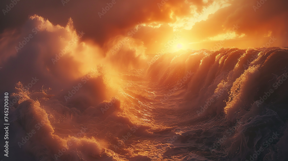 The sheer power and beauty of a roaring waterfall illuminated by the first light of dawn, its misty spray catching the golden rays of the morning sun. - obrazy, fototapety, plakaty 