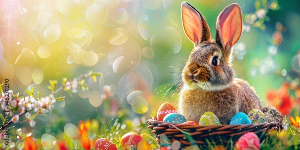 A cheerful multi colored rabbit with a basket of brightly painted Easter eggs in a vibrant green spring setting