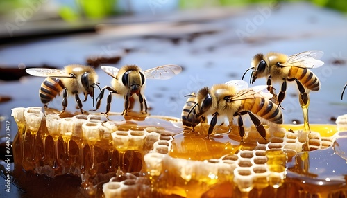 Three bees on honeycombs eat fresh honey collected in spring in fresh wax