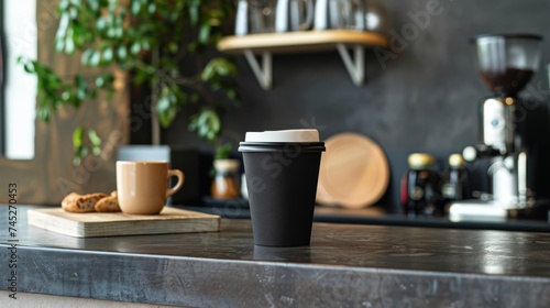 Dark coffee to go cup on wood table, counter top. Blank labeled cup. Coffee, espresso, macchiato, take away.