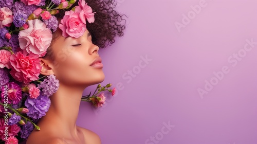 carnation of woman head and hair replaced with beautiful vibrant flowers on lilac color background 