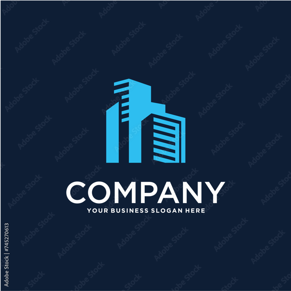 real estate logo design with house and building