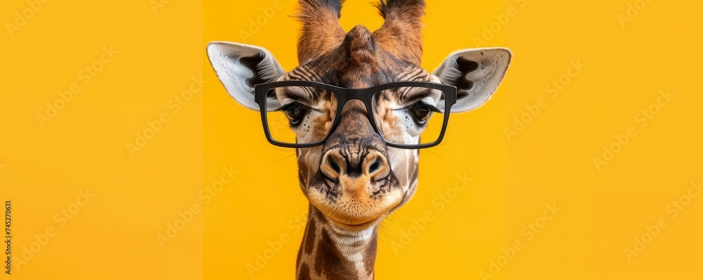 A fashionable giraffe with stylish eyeglasses - obrazy, fototapety, plakaty 