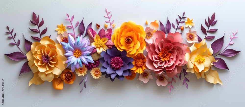 A variety of vibrant blossoming flowers are artistically arranged on a wall covered in paper, adding a pop of color and nature to the indoor space. A variety of vibrant blossoming flowers are artistically arranged on a wall covered in paper, adding a pop of color and nature to the indoor space.