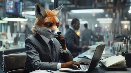 A fox in a sharp business suit thinking and typing on a laptop in a bustling office setting