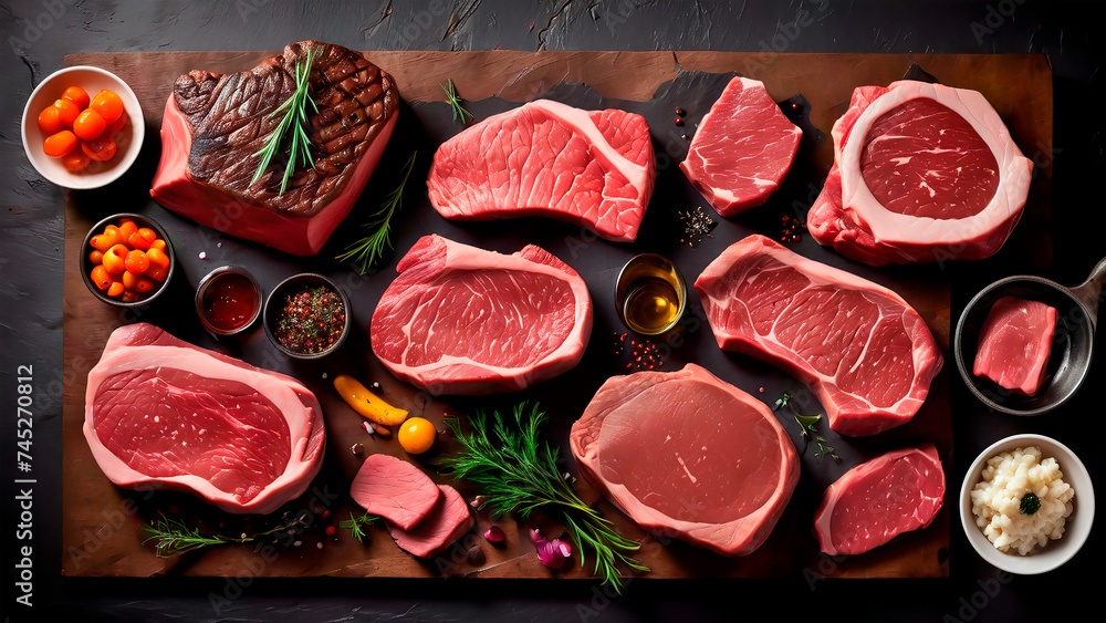 Sumptuous Symphony: A Captivating Culinary Canvas of Prime Beef Steaks and Luscious Raw Cuts on a Rustic, Dark Table Sumptuous Symphony: A Captivating Culinary Canvas of Prime Beef Steaks and Luscious Raw Cuts on a Rustic, Dark Table
