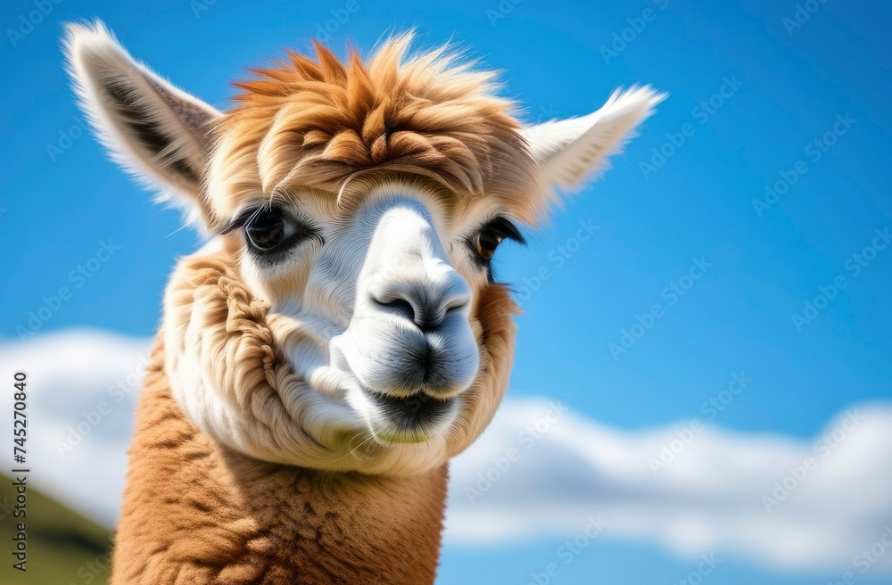 A portrait of funny Alpaca animal grazing on green field on blue sky