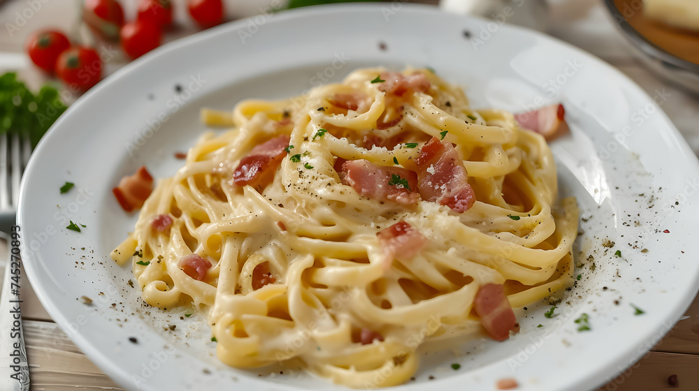 Italian pasta dish with creamy sauce and pepper garnish. Italian pasta dish with creamy sauce and pepper garnish.