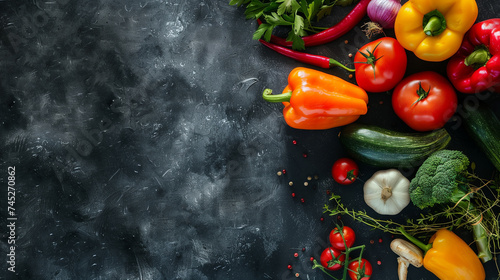 Fresh vegetables on dark background. Top view with copy space. Flat lay