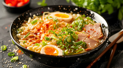 Savory ramen bowl with soft-boiled egg and spring onions.