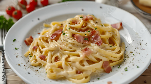 Italian pasta dish with creamy sauce and pepper garnish.
