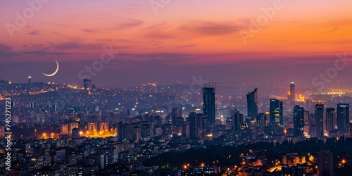 Aerial view of a cityscape at dusk during Ramadan crescent moon rising lights beginning to twinkle in the buildings