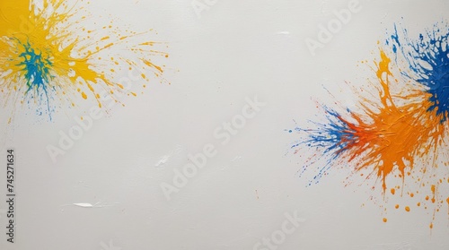 Stunning painting with lively yellow  orange  and blue details on white 