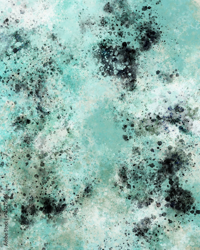 Abstract Grunge Painted Layout. Background with Irregular Brush Strokes. Rough Light Ice Blue Hand Drawn Texture with Beige and Black Watercolor Stains and Splashes. Messy Artistic Print. RGB.