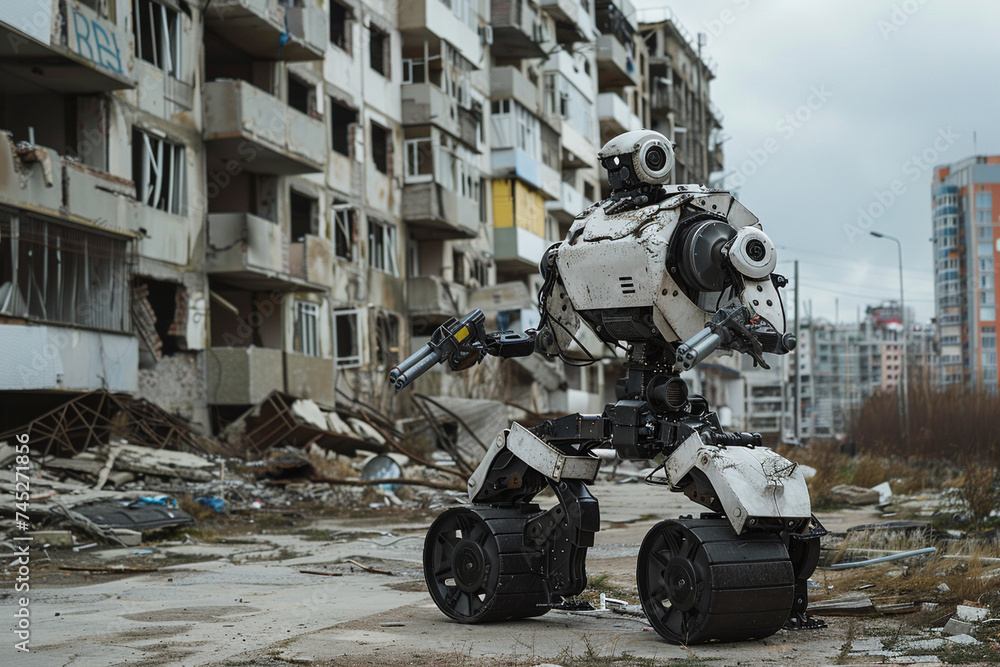 Amidst the desolate ruins of a once-thriving city, a combat humanoid robot patrols the streets of the conflict zone, its formidable arsenal of weapons serving as a deterrent agains