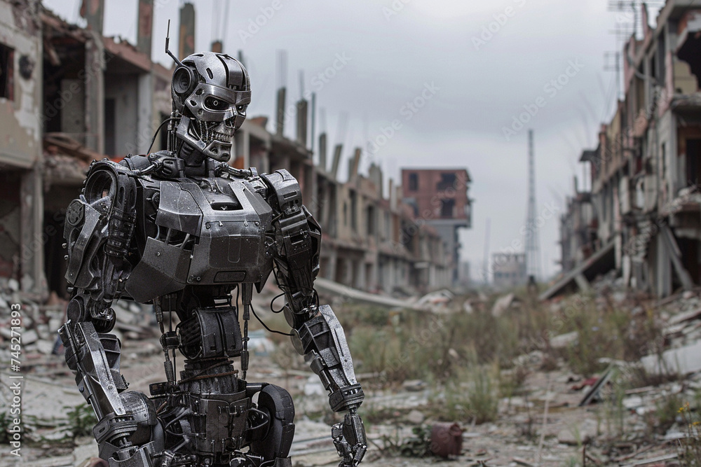 Amidst the rubble-strewn streets of the conflict zone, a combat humanoid robot stands sentinel, armed to the teeth with advanced weaponry, its metallic frame a formidable presence