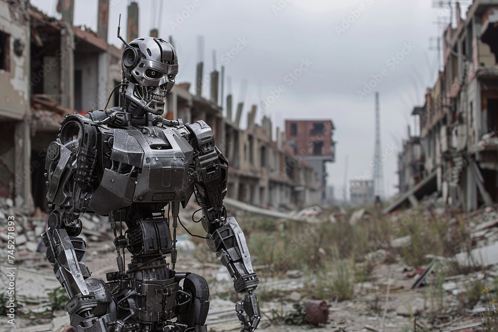 Amidst the rubble-strewn streets of the conflict zone, a combat humanoid robot stands sentinel, armed to the teeth with advanced weaponry, its metallic frame a formidable presence Amidst the rubble-strewn streets of the conflict zone, a combat humanoid robot stands sentinel, armed to the teeth with advanced weaponry, its metallic frame a formidable presence