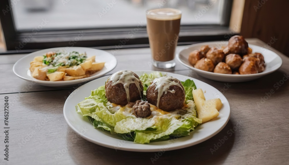 Breakfast, dinner, lunch in a restaurant, cafe. Baked potatoes with meatballs, caesar salad