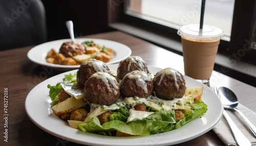 Breakfast, dinner, lunch in a restaurant, cafe. Baked potatoes with meatballs, caesar salad