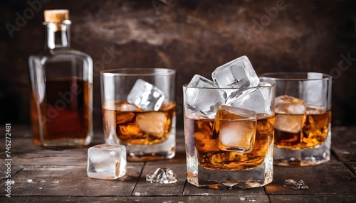 Whiskey with ice. On a rustic background