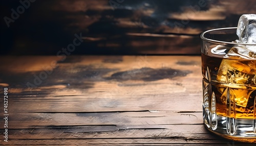 Whiskey with ice. On a rustic background photo