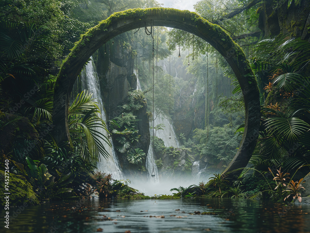 Ancient Mystical Portal Circle in Tropical Forest HD Print 9856x7424 pixels ar4:3. Neo Modern Art V4 3