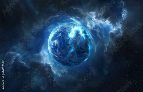 Space themed image of Earth blue with ozone radiance white clouds adorning in a galactic setting